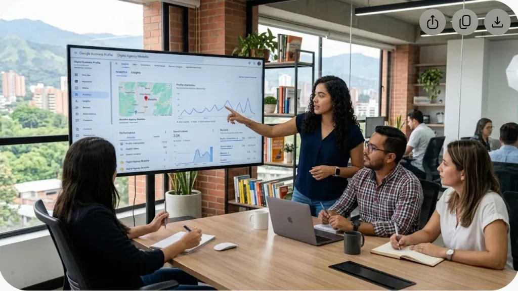 Equipo de marketing digital en Medellín revisando el panel de una ficha de Google Business Profile en un monitor de oficina